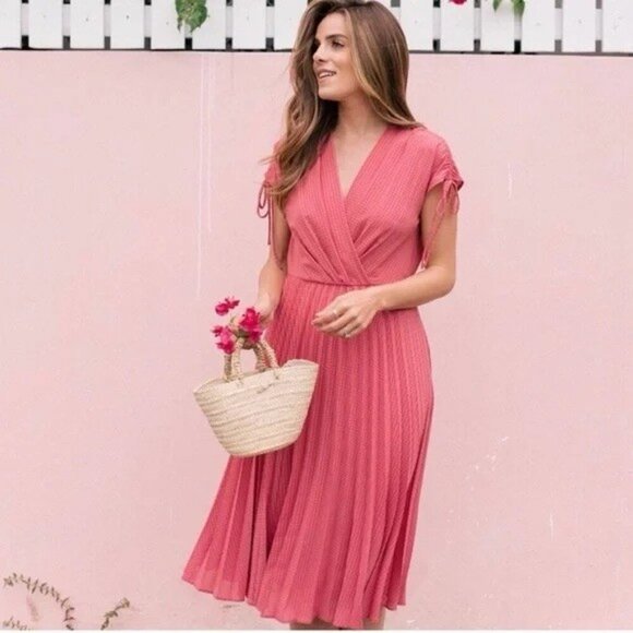 GAL MEETS GLAM Rose Pink “Angelica” Faux Wrap Fit Flare Dress Size 6 Women's